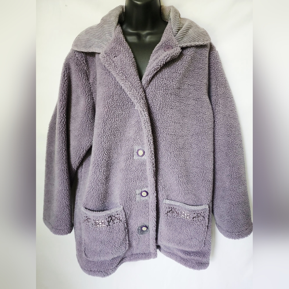 VINTAGE ANTHONY RICHARDS LAVENDER ACRYLIC POLY FUZZY COLLARED BUTTON COAT 90S